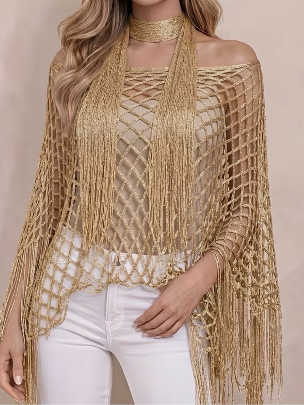 Gold Fringe Crochet Poncho Wrap with Matching Choker Scarf